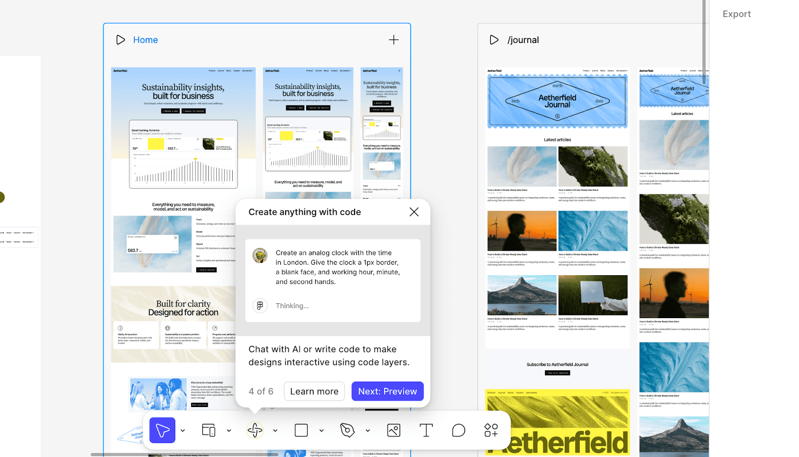 Figma surfaces contextual AI help in the canvas, such as a "Create anything with code" assistant, based on what the user is doing.