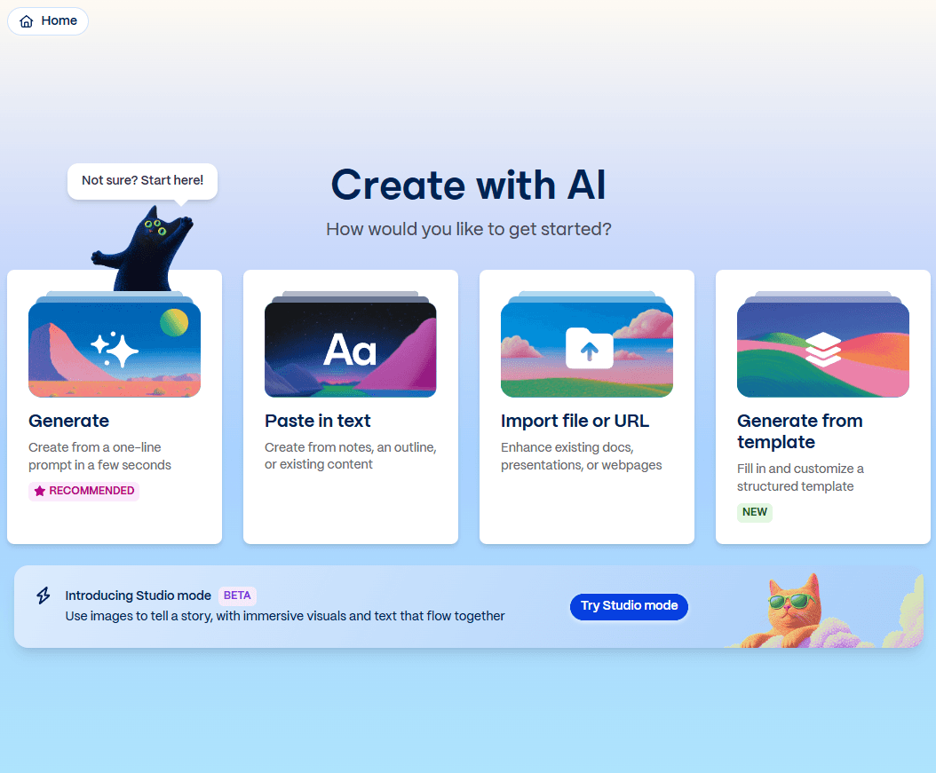 Gamma's "Create with AI" onboarding offers four starting points — generate from a prompt, paste in text, import a file or URL, or start from a template.