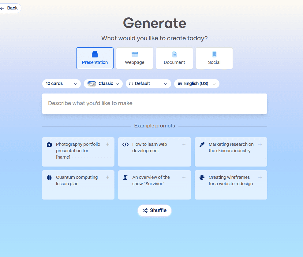 Gamma's Generate screen lets the user describe what to make and pick format, length, and style, with example prompts to get started.
