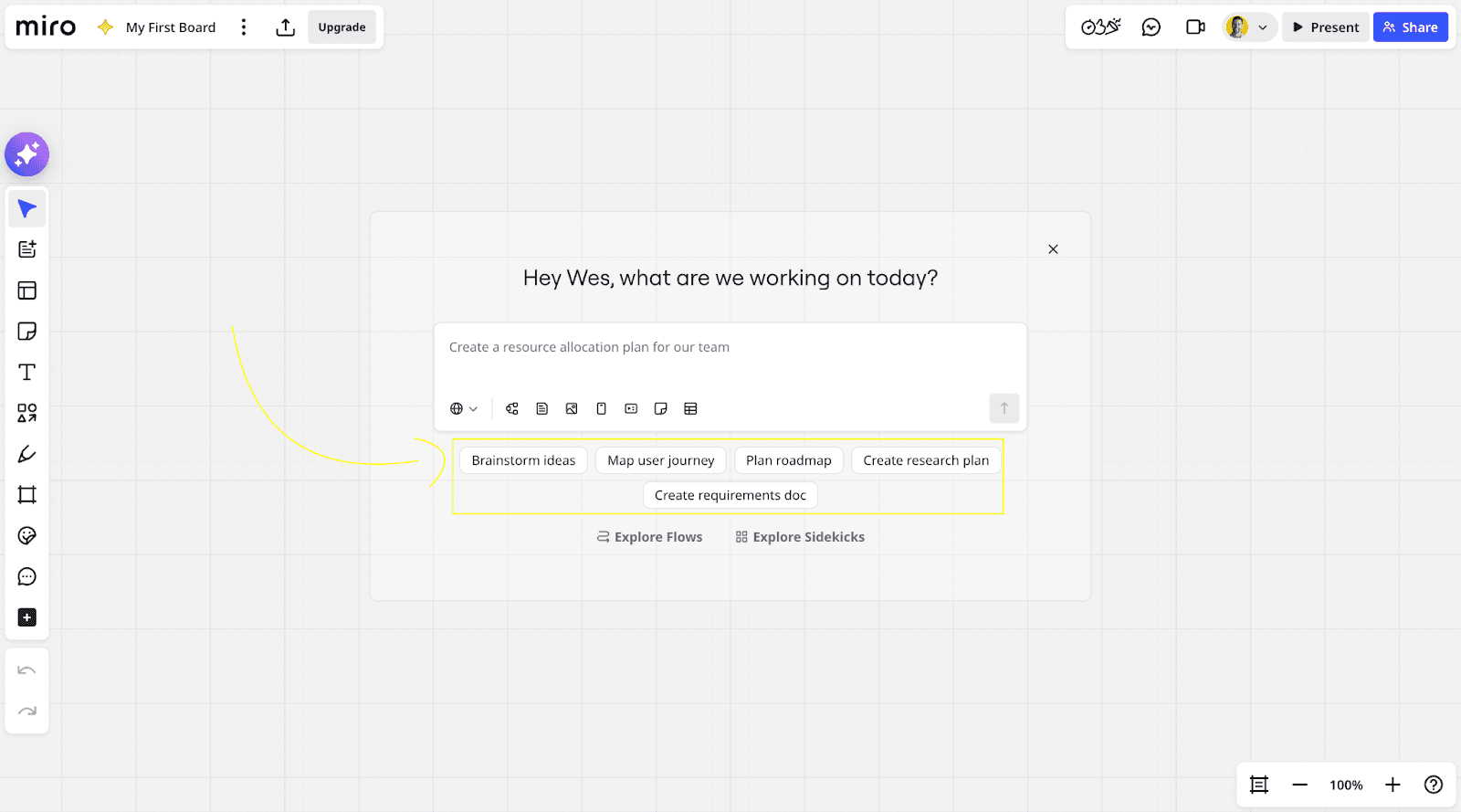 Miro makes a conversational AI the entire first screen — "Hey Wes, what are we working on today?" — with suggested starting actions.
