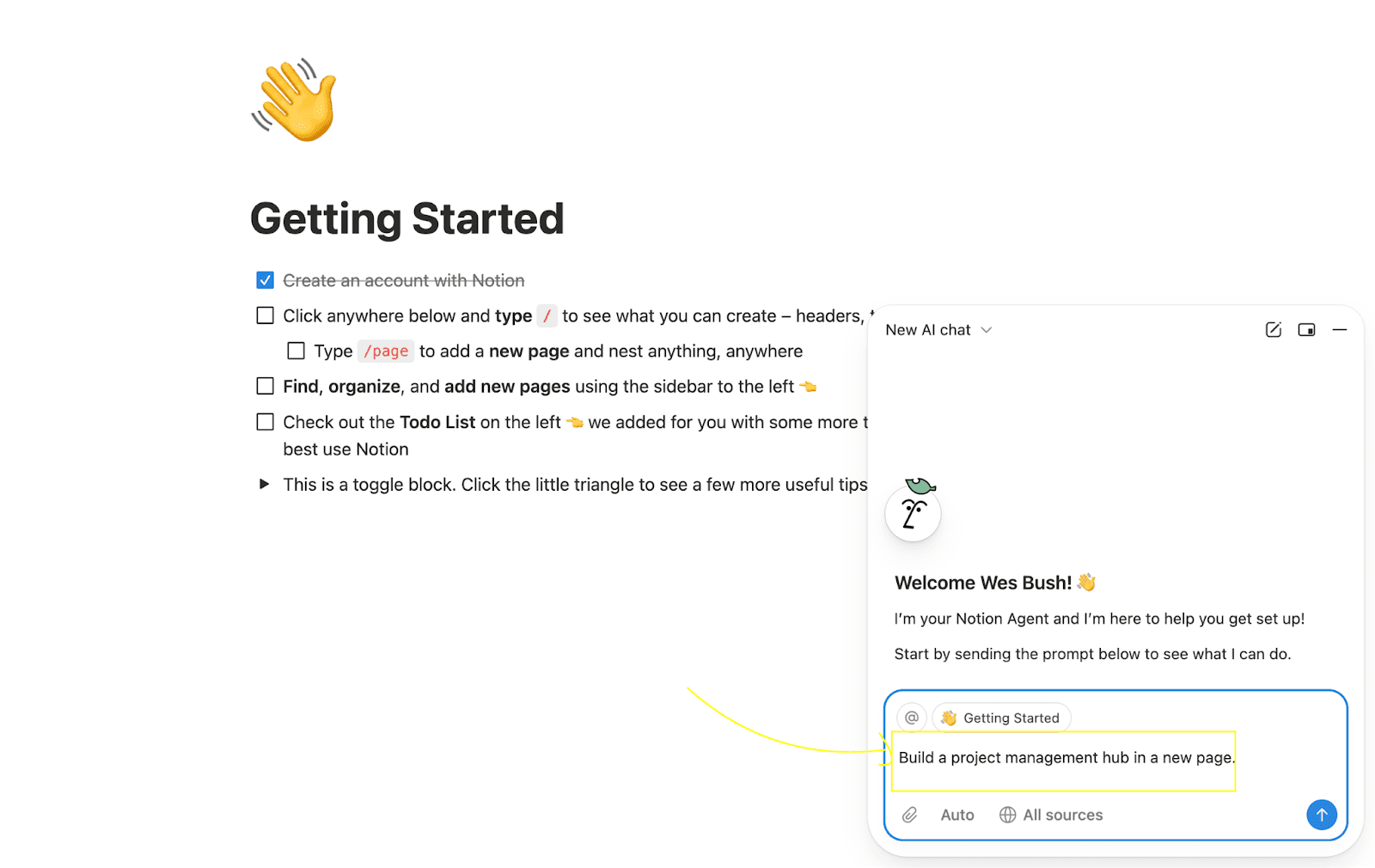 Notion pairs its Getting Started page with an AI chat sidebar that greets the user by name and offers a ready-to-send starter prompt.