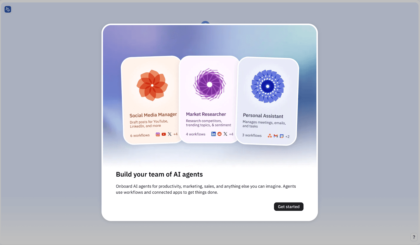 Relay.app builds a starter team of AI agents — a Social Media Manager, Market Researcher, and Personal Assistant — from the profile you shared.