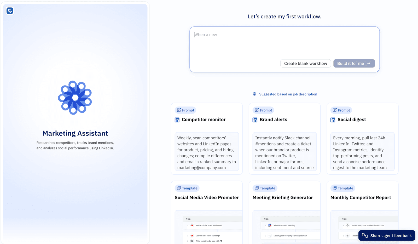 Relay.app opens the first workflow pre-loaded with role-specific prompt and template suggestions, so the user starts from a working example instead of a blank canvas.