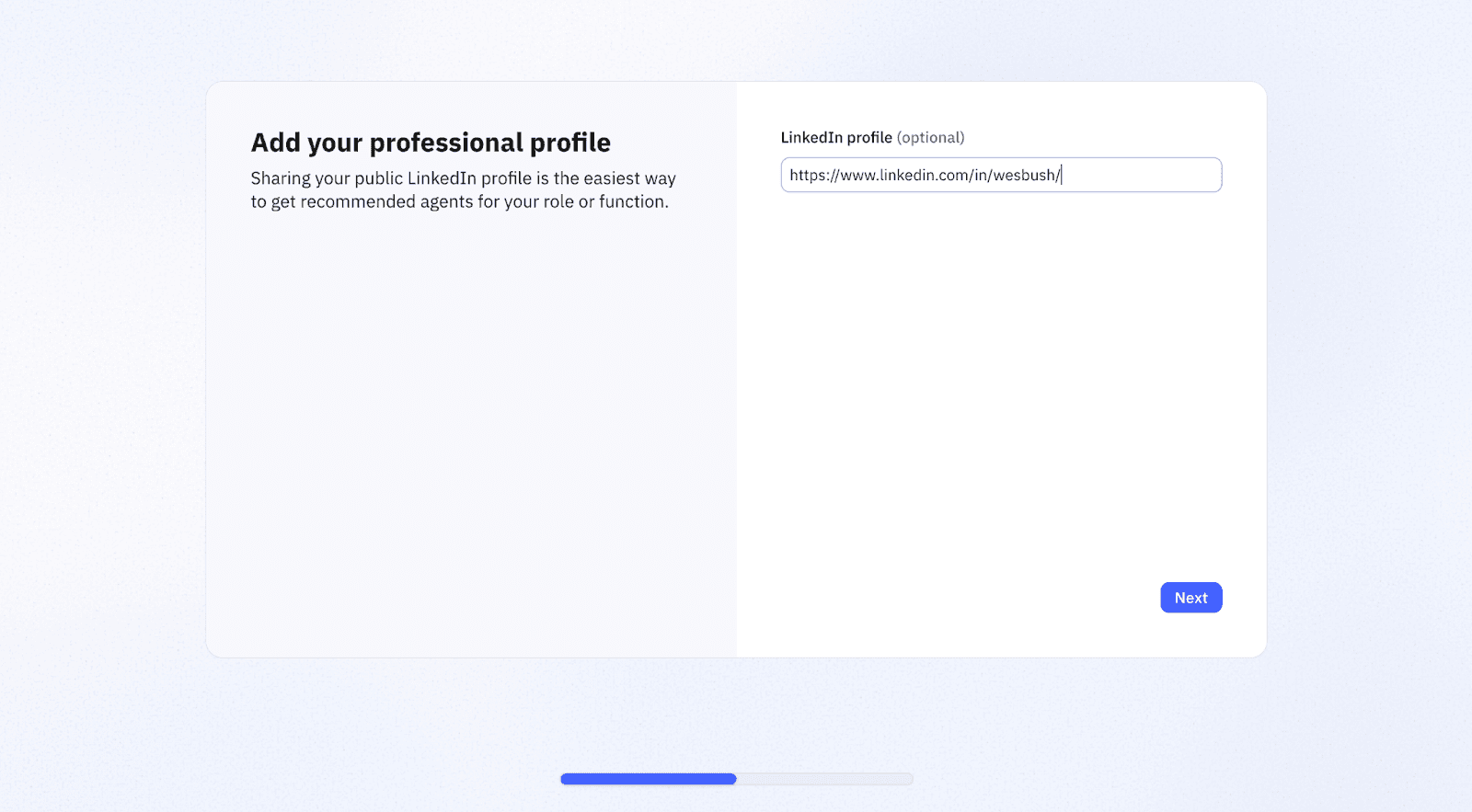 Relay.app's onboarding asks for your LinkedIn profile to personalize which agents and workflows it recommends for your role.