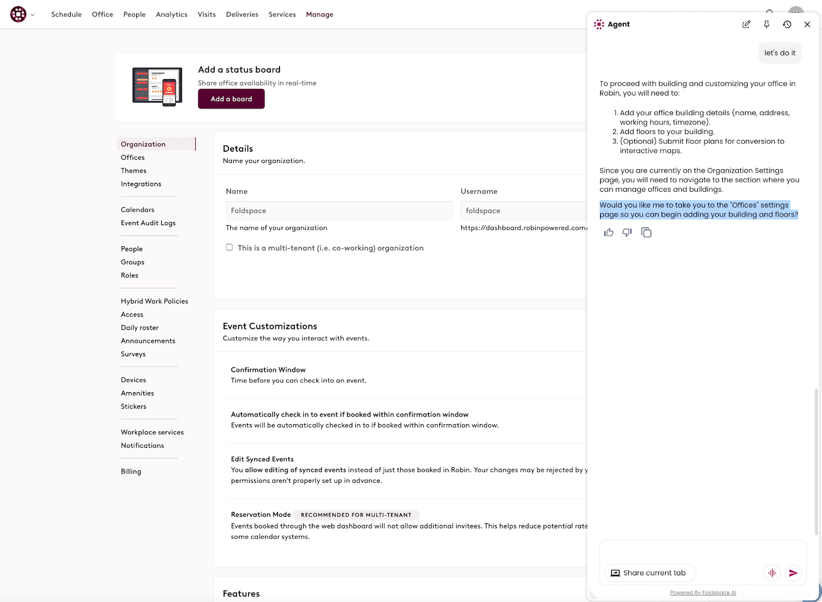 An in-product agent guides account setup — here, Robin's agent offers to take the admin straight to the right settings page to add a building and floors.