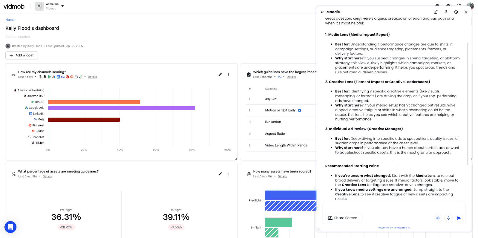 Vidmob's agent, Maddie (enabled by Foldspace), explains which analysis path fits the user's question and recommends where to start.
