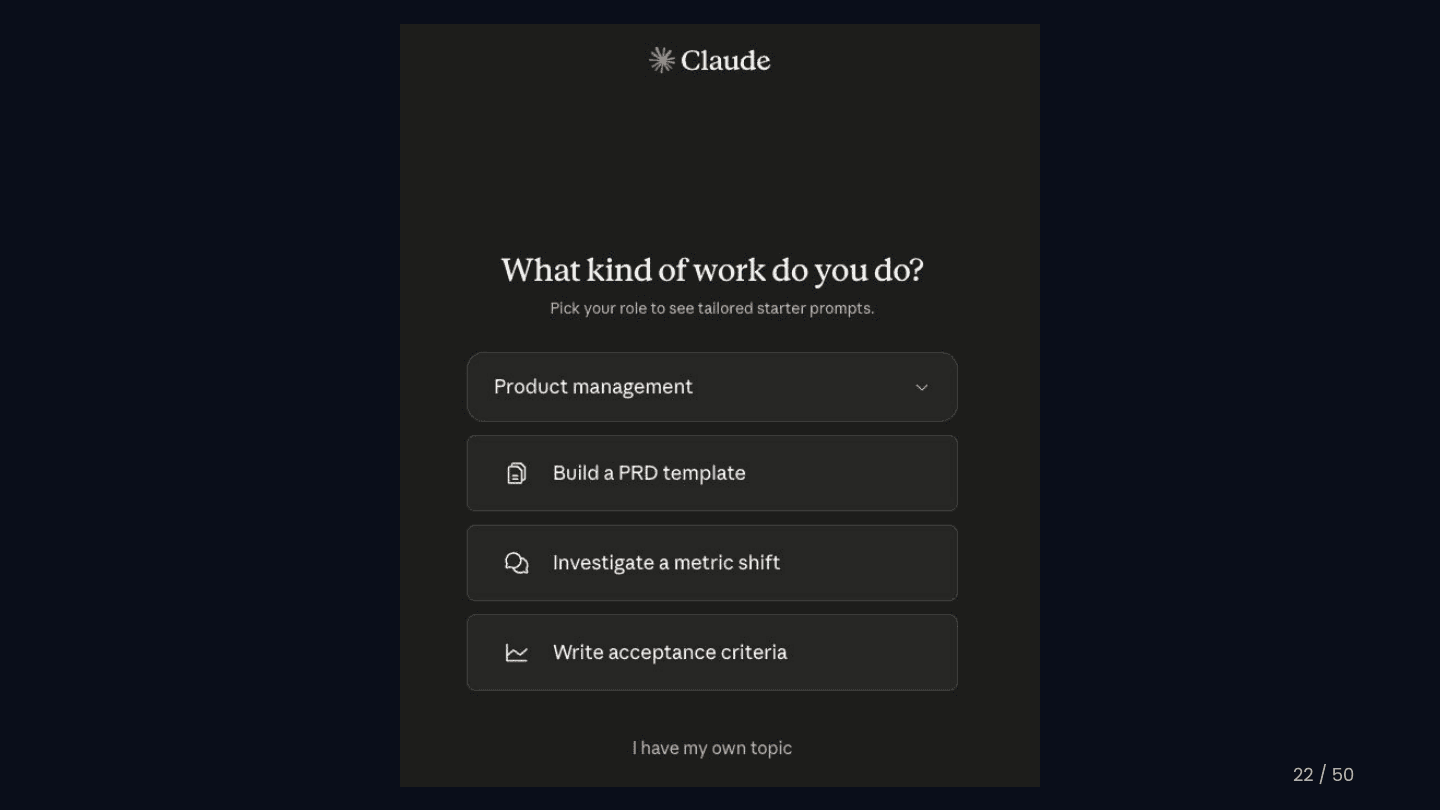 A sign-up quiz in practice: Claude asks "What kind of work do you do?" and offers role-tailored starter prompts.