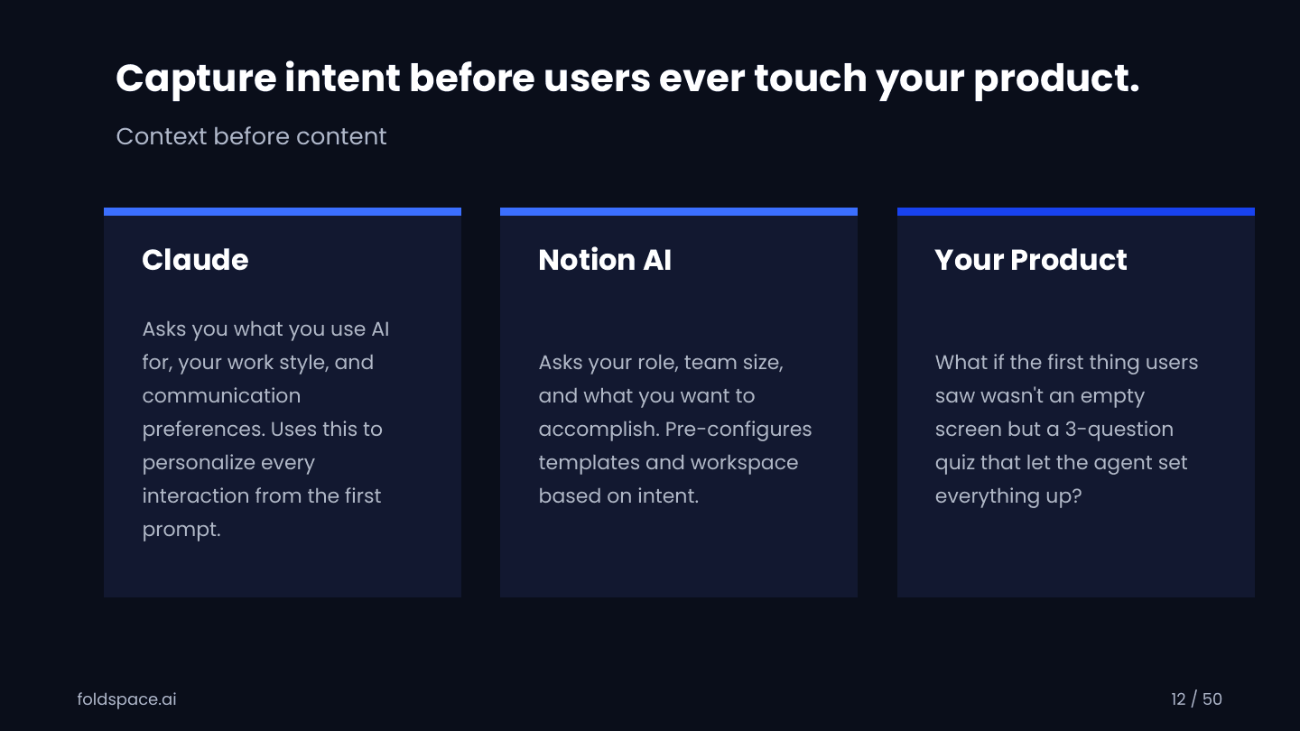 Capture intent before users ever touch your product — context before content: Claude and Notion AI ask about role and goals up front; your product could open with a 3-question quiz instead of an empty screen.
