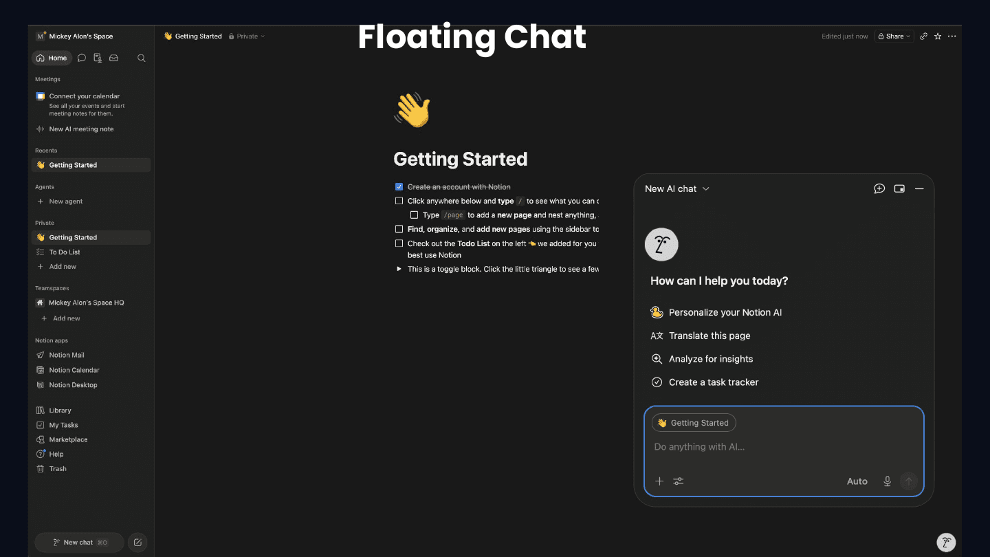 Agentic UX in practice — a floating AI chat docked beside the workspace.