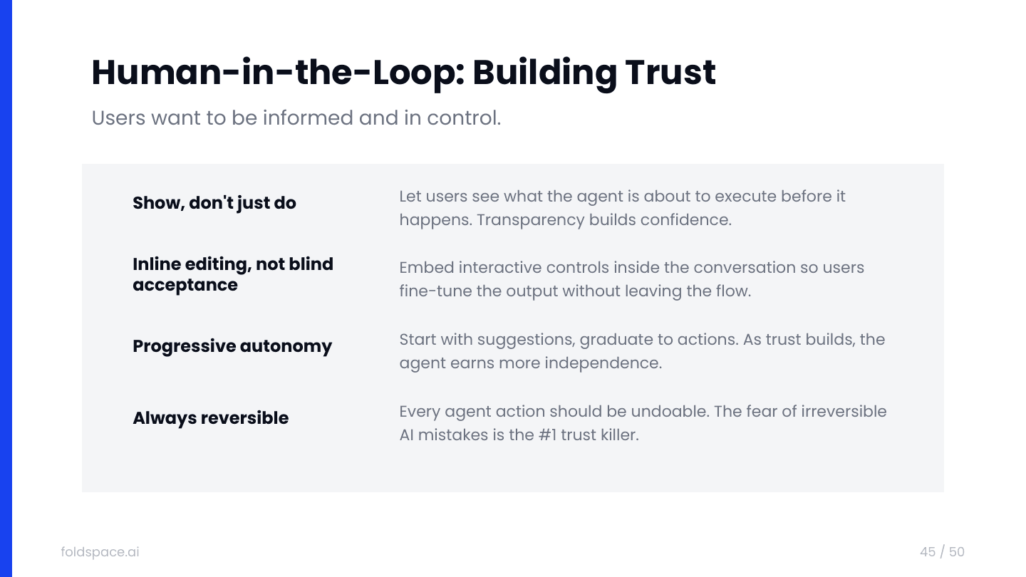 Human-in-the-loop builds trust: show don't just do, inline editing over blind acceptance, progressive autonomy, and always-reversible actions.