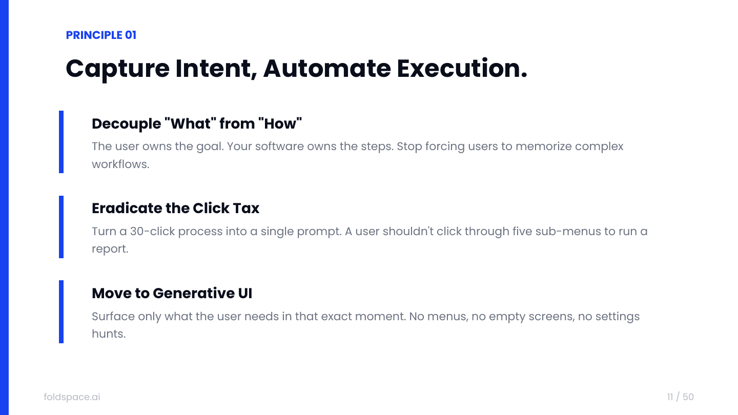 Principle 1 — Capture intent, automate execution: decouple "what" from "how," eradicate the click tax, and move to generative UI.