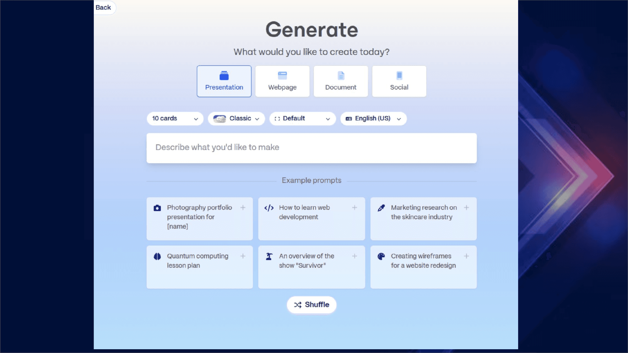 Generative experiences in practice: an AI tool that turns a short description into a full first draft — presentation, webpage, document, or social post.