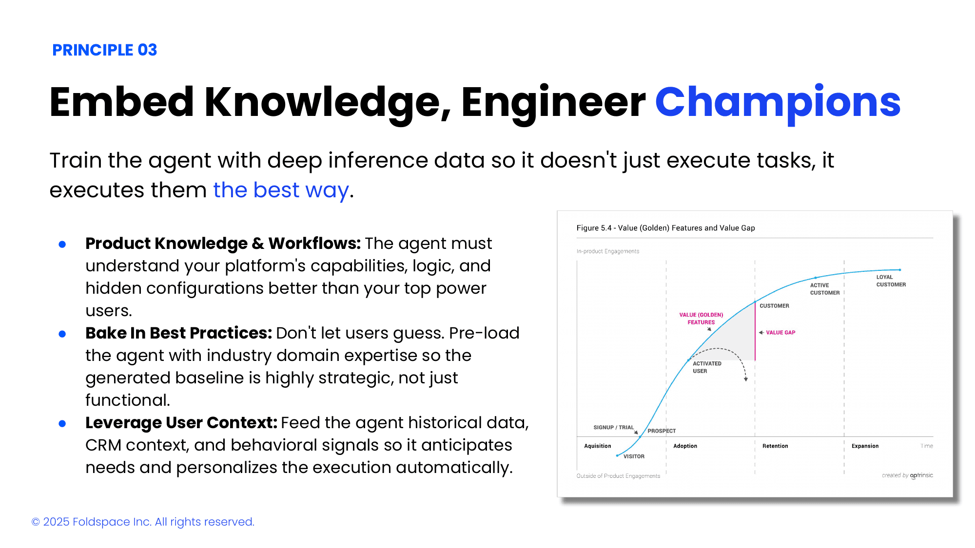 Principle 3 — Embed knowledge, engineer champions: give the agent product knowledge, bake in best practices, and leverage user context to close the value gap between activated users and loyal customers.