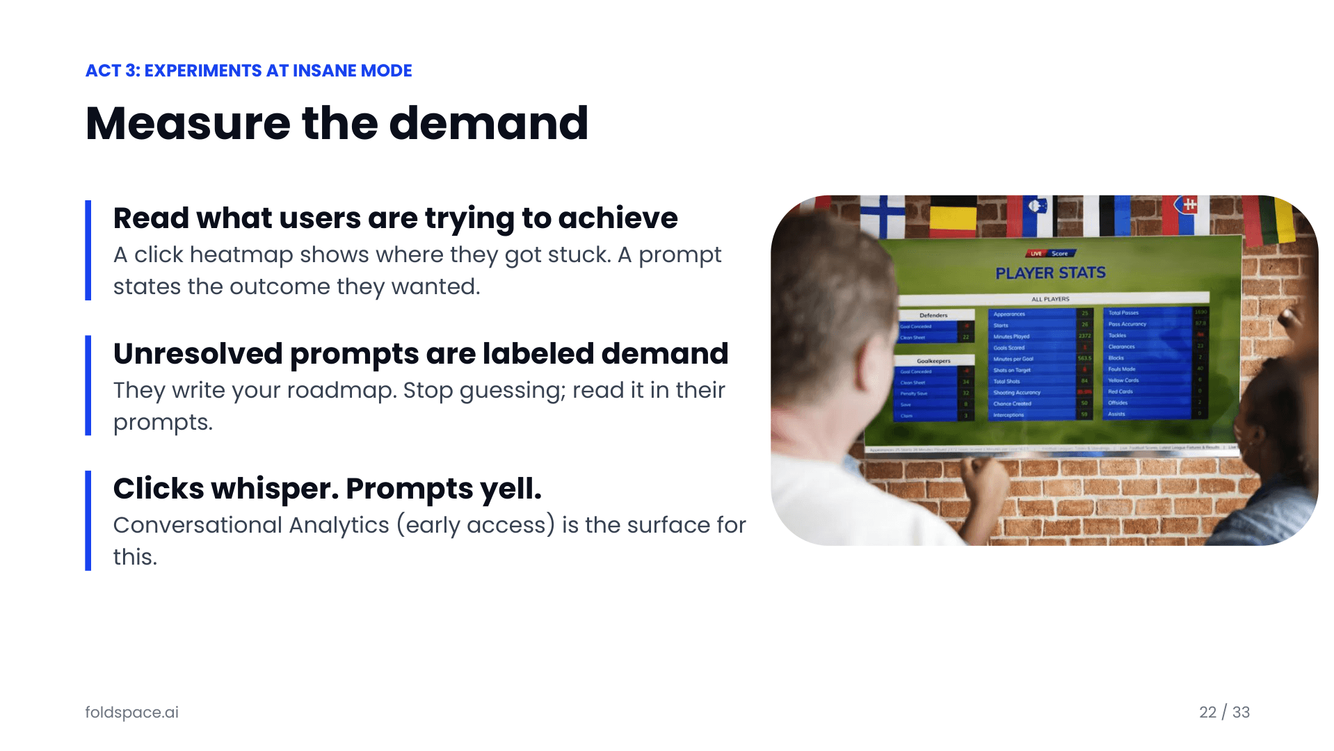 Measure the demand: a click heatmap shows where users got stuck, while a prompt states the outcome they wanted — unresolved prompts are labeled demand. Clicks whisper, prompts yell.