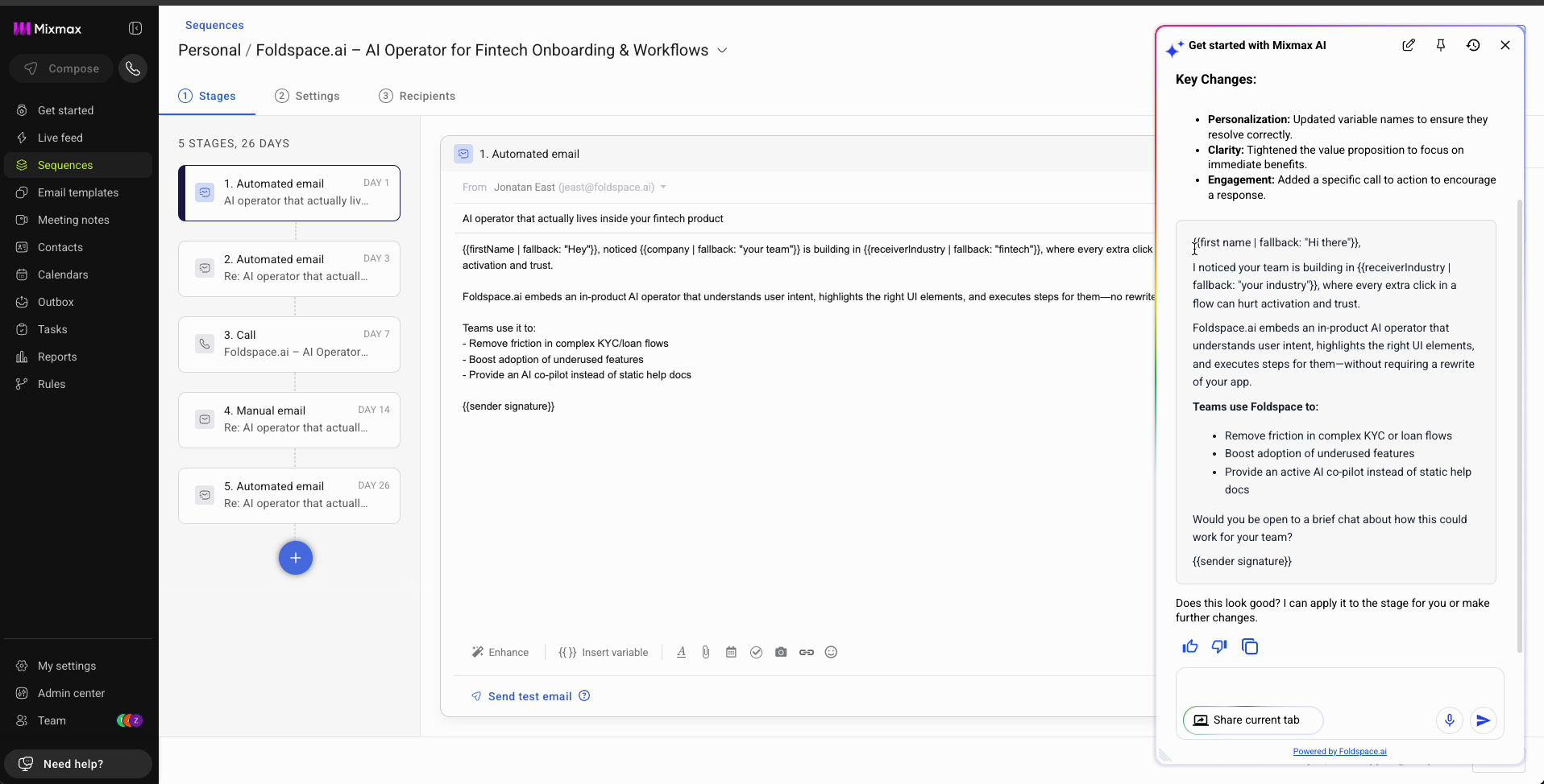 The Mixmax agent rewriting a multi-stage outreach sequence, listing the personalization, clarity, and engagement changes it made before the rep applies them.