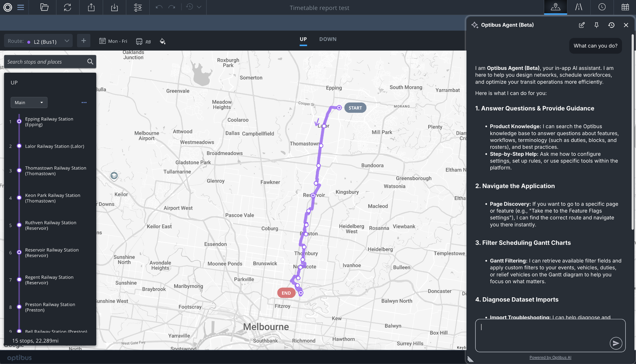 The Optibus agent alongside a timetable report, listing what it can do: answer questions, navigate the application, filter scheduling Gantt charts, and diagnose dataset imports.
