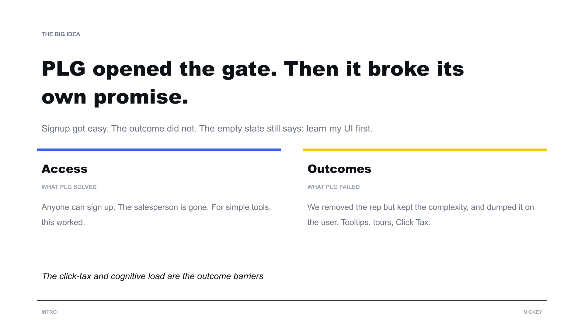 PLG opened the gate, then broke its own promise. It solved access. It broke on outcomes. The click tax and cognitive load are the outcome barriers.